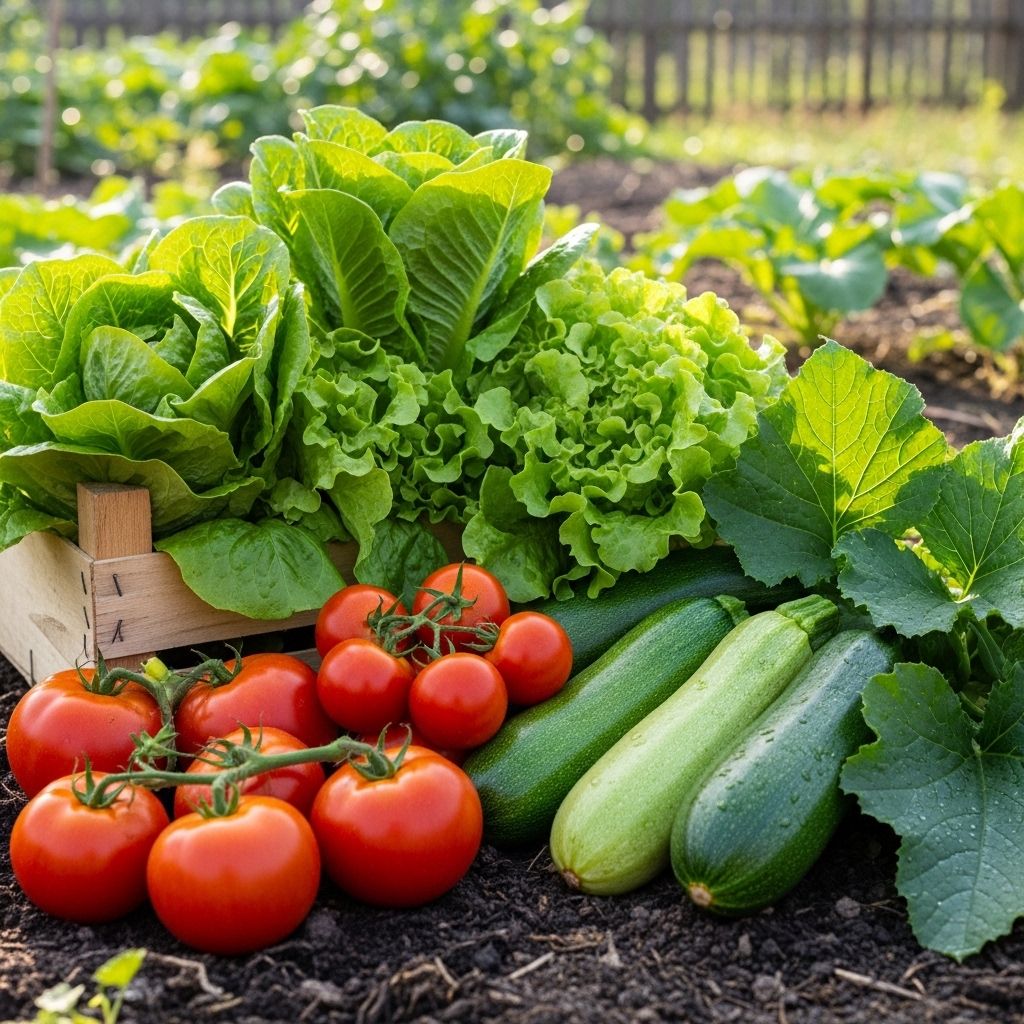Trädgårdsbädd med nyskördade grönsaker — tomater, zucchini och sallad — i naturligt solljus, representerar hållbar och säsongsbaserad livsmedelsproduktion