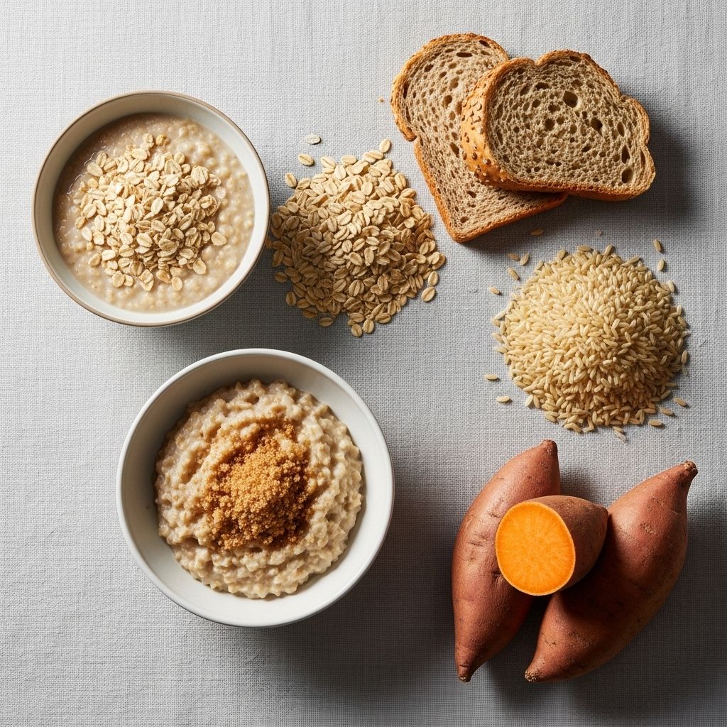 Sortiment av fullkornsprodukter — havregryn, brunt ris, fullkornsbröd och sötpotatis — arrangerade på en linnedukning med naturligt sidoljus