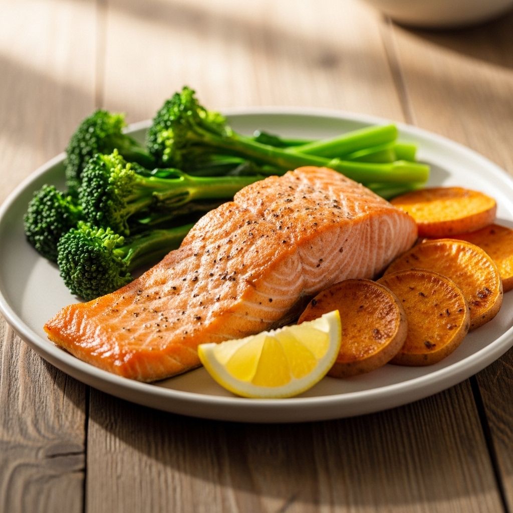 Ugnsrostad laxfilé med ångkokt broccoli, sötpotatis och citronklyfta på en keramikplatta — en balanserad middagsmåltid i varmt ljus