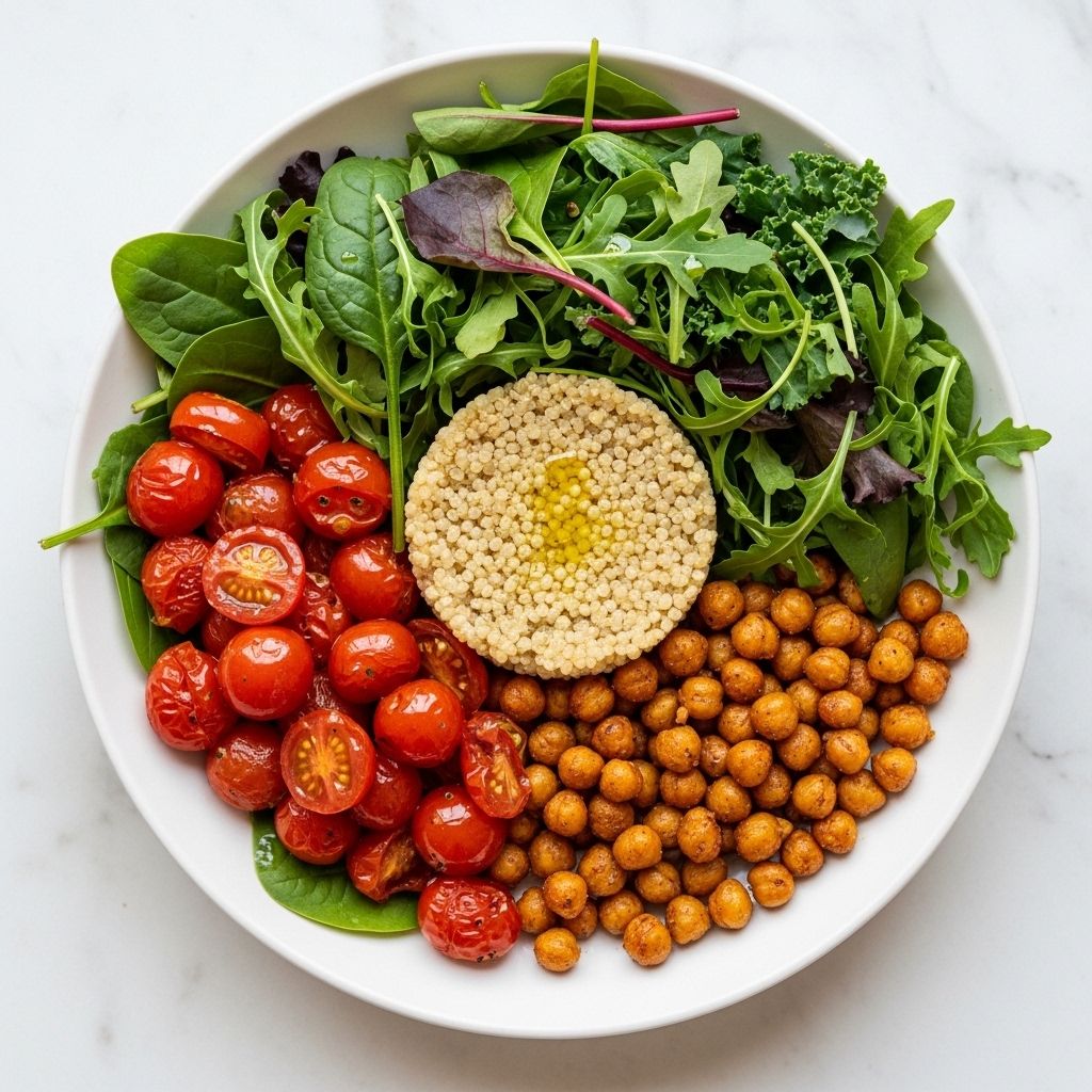 Välbalanserad tallrik med gröna bladgrönsaker, kokt quinoa, rostade körsbärstomater och kikärtor sedd uppifrån på en ljus marmorbänk